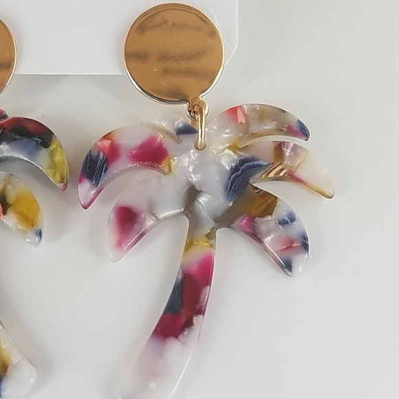 🆕️ Metal Circle Resin Palm Tree Drop Earrings - Picture 2 of 5